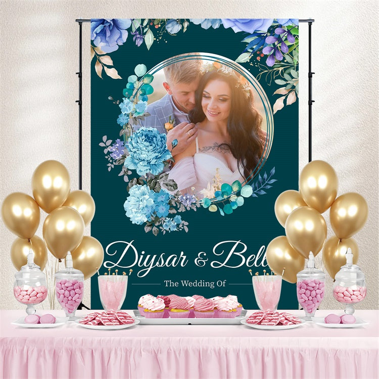 Personalisierter Hintergrund für die Hochzeit Romantischer blauer Blumenhintergrund LXX3-123