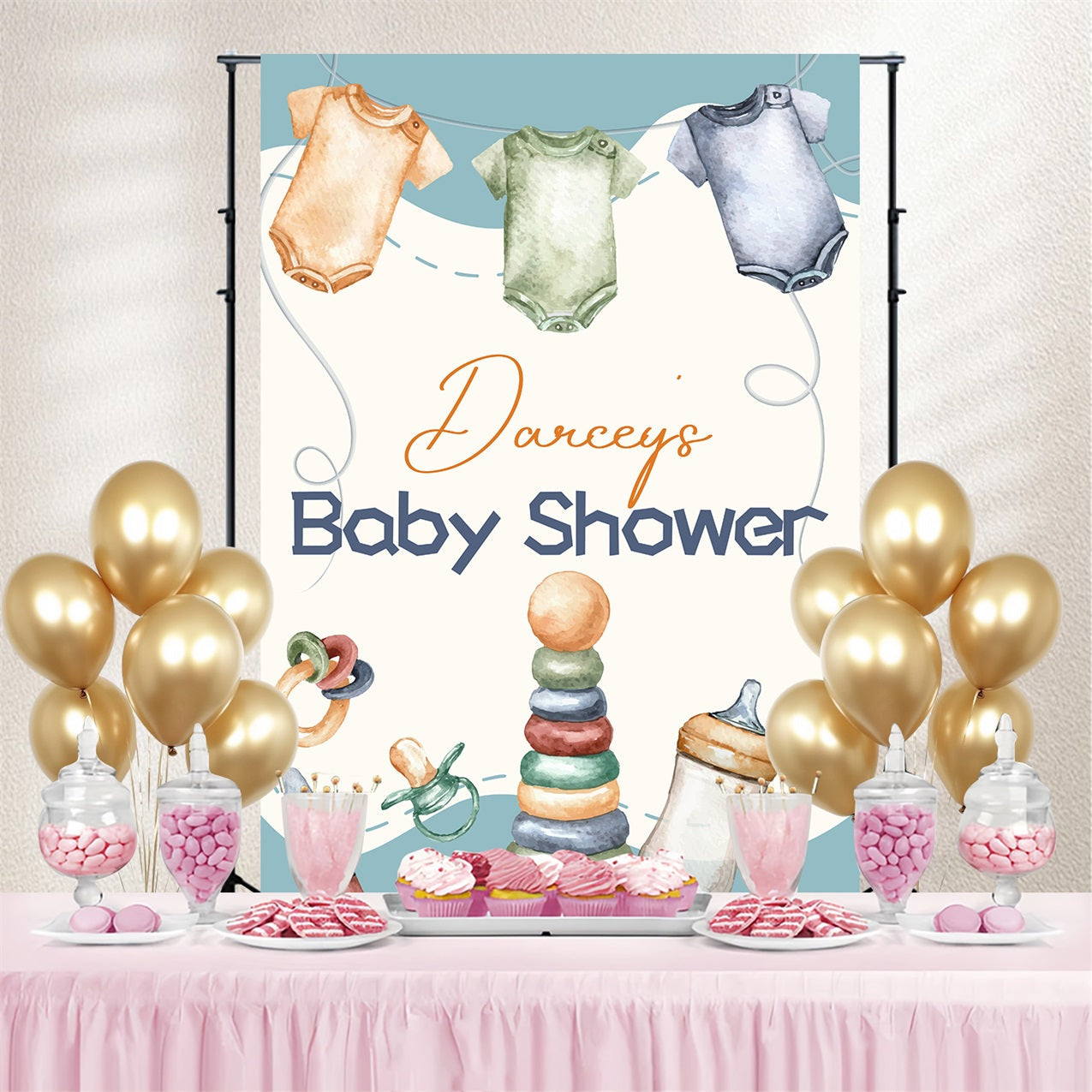 Baby Shower Backdrop Junge Onesie Spielzeug Dekor Personalisierte Backdrop LXX4-186