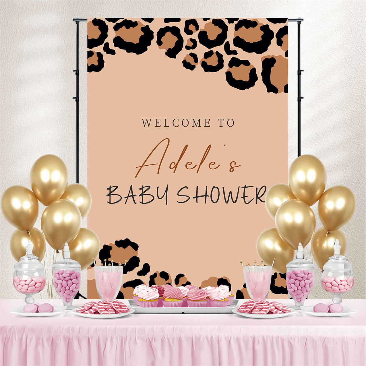 Baby Shower Backdrop Tan Leopard Welcome Personalisierter Hintergrund LXX4-214