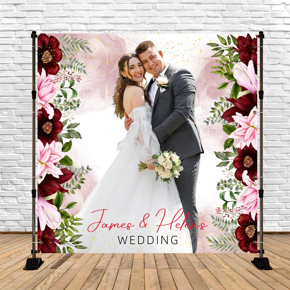 Hochzeit Fotokulisse Romantisch Weinrot Blüte Personalisierte Kulisse LXX5-159