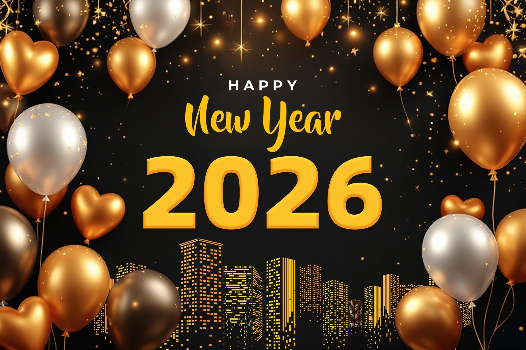 Frohes Neues Jahr 2026 Hintergrund Goldene Luftballons Lichter der Stadt Silvester Hintergrund LXX510-1