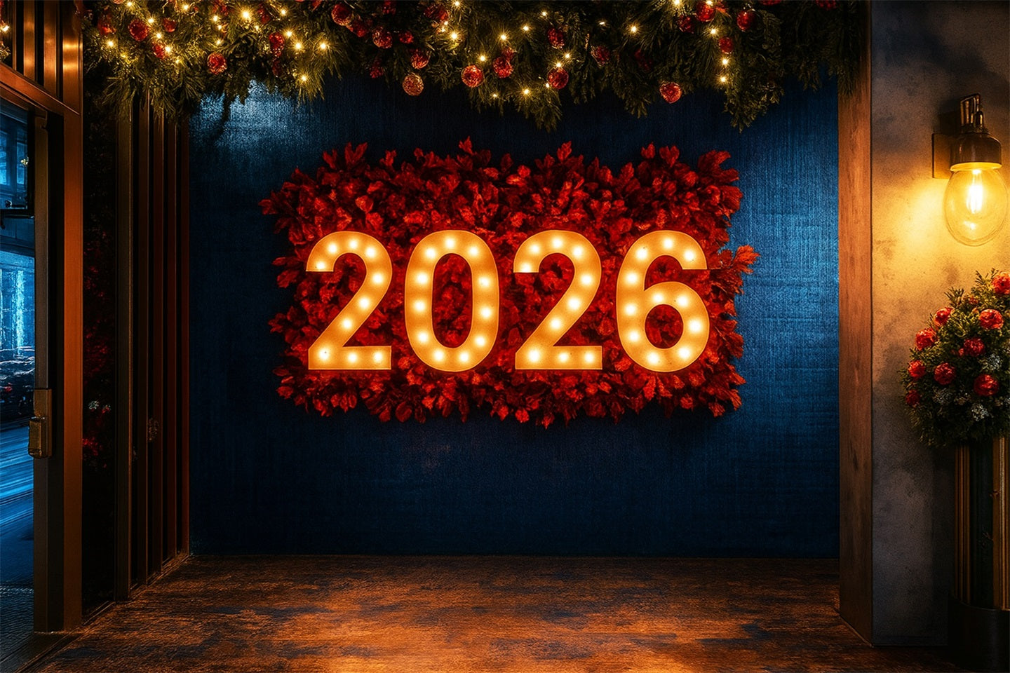 2026 Neujahrshintergrund Festliche beleuchtete Dekorationen Frohes Neues Jahr Hintergrund LXX510-10