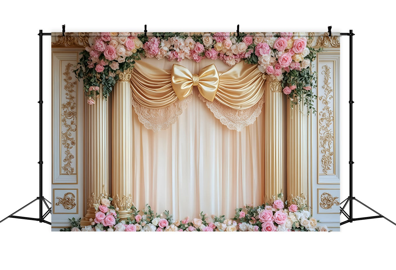 Großer Schleifenhintergrund Goldene Schleife Rosensäulen Viktorianischer Fotohintergrund LXX510-120