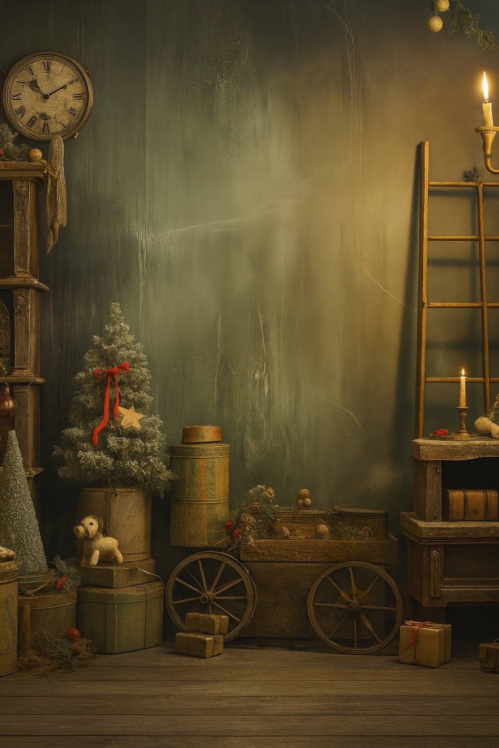 Viktorianischer Weihnachtshintergrund Vintage-Uhr Rustikaler Weihnachtshintergrund im viktorianischen Stil LXX510-131