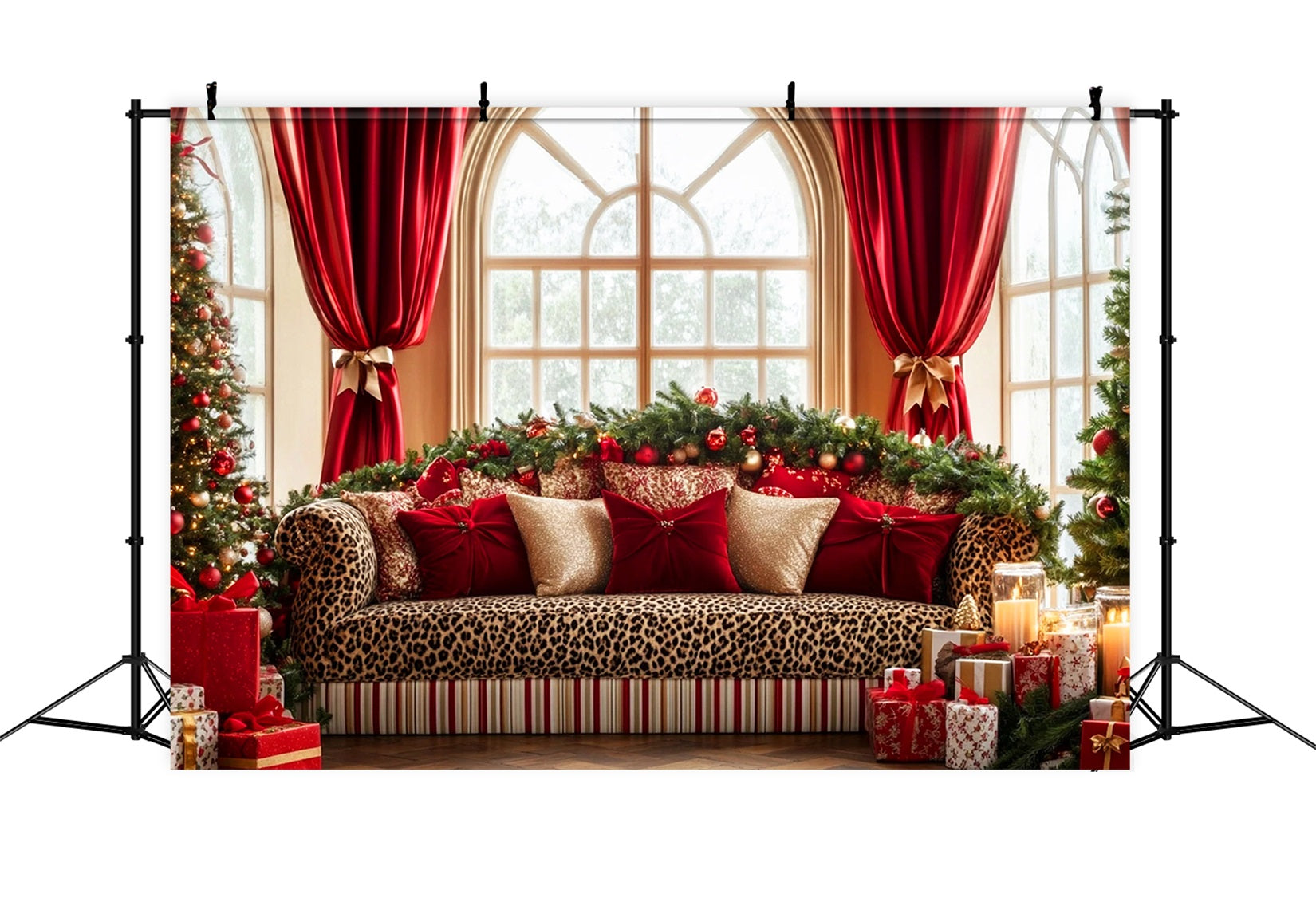 Hintergrund mit großer Schleife, Leoparden-Sofa, festlicher Eleganz und Weihnachts-Hintergrund LXX510-141