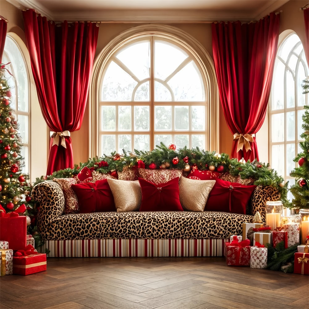 Hintergrund mit großer Schleife, Leoparden-Sofa, festlicher Eleganz und Weihnachts-Hintergrund LXX510-141
