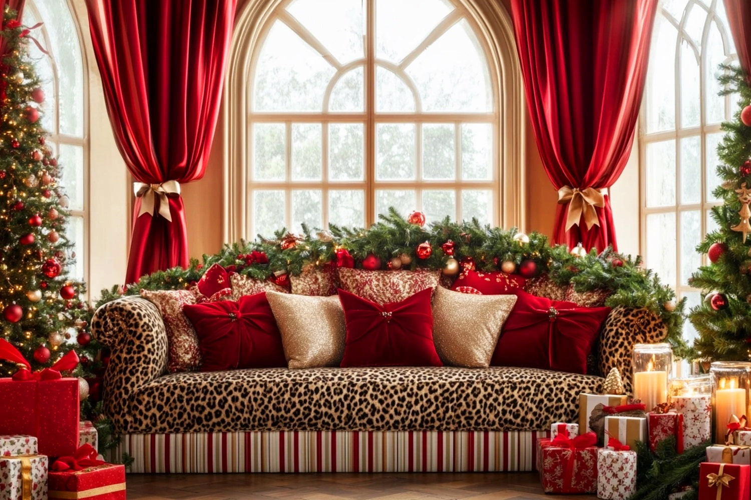 Hintergrund mit großer Schleife, Leoparden-Sofa, festlicher Eleganz und Weihnachts-Hintergrund LXX510-141