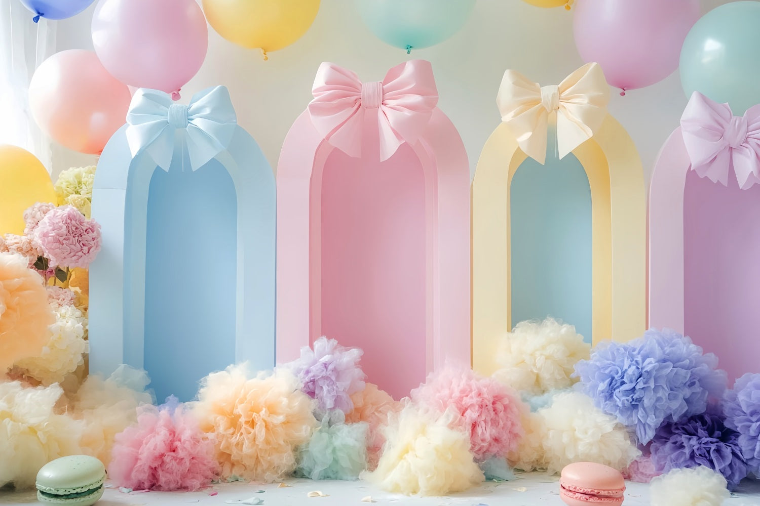 Hintergrund mit Schleifen Pastellfarbene Luftballons Bunte Bögen Cake Smash Geburtstag LXX510-163