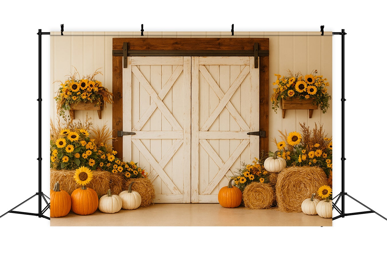 Kürbis-Hintergrund Rustikale Scheune Sonnenblumenernte Thanksgiving-Hintergrund LXX510-18