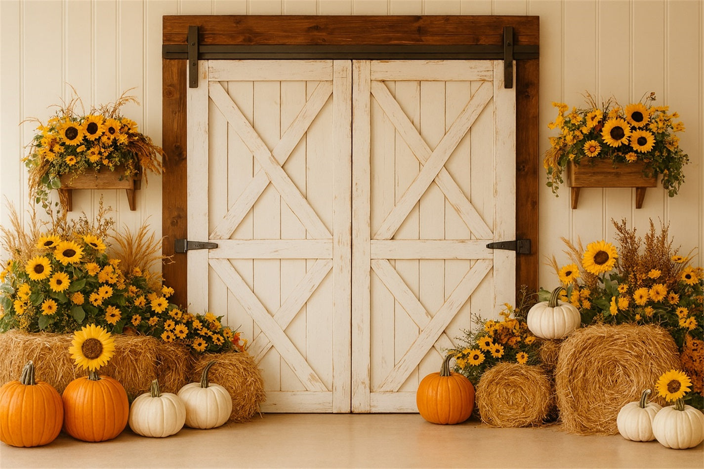 Kürbis-Hintergrund Rustikale Scheune Sonnenblumenernte Thanksgiving-Hintergrund LXX510-18