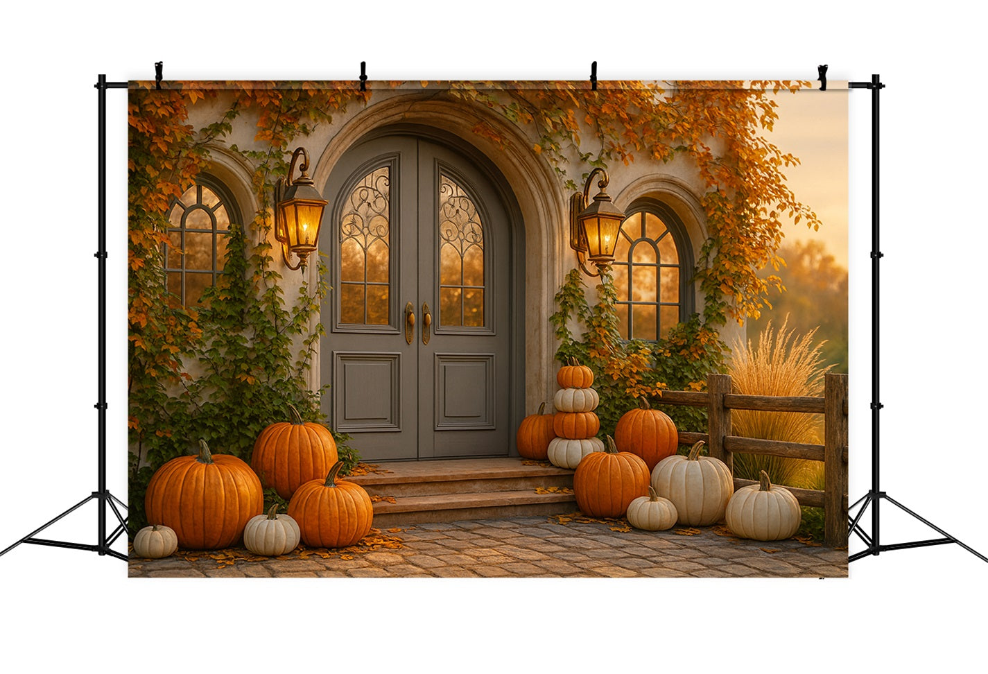 Kürbis-Hintergrund Cottage-Tür Kürbisveranda Frohes Thanksgiving-Hintergrund LXX510-23