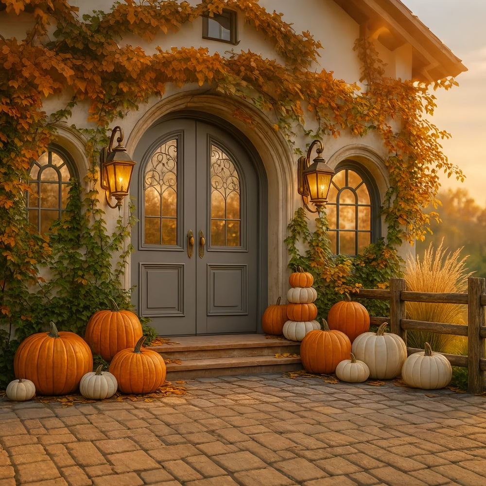 Kürbis-Hintergrund Cottage-Tür Kürbisveranda Frohes Thanksgiving-Hintergrund LXX510-23