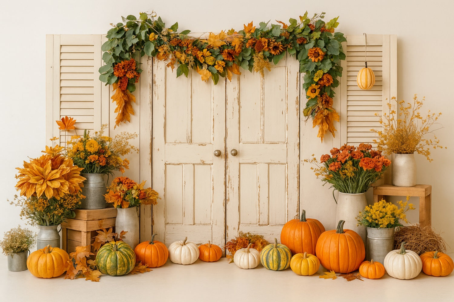 Kürbis-Hintergrund Vintage-Tür Herbstblumen Thanksgiving-Fotohintergrund LXX510-25