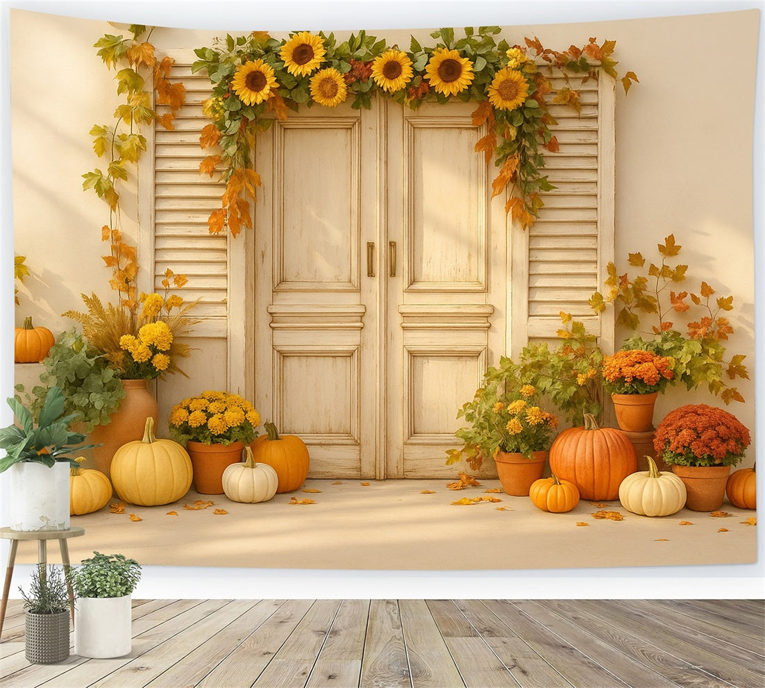 Kürbis-Fotohintergrund Sonnenblumentür Herbstfreude Thanksgiving-Hintergründe LXX510-26