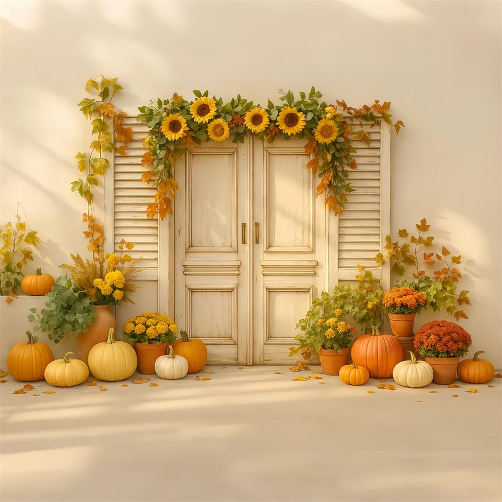 Kürbis-Fotohintergrund Sonnenblumentür Herbstfreude Thanksgiving-Hintergründe LXX510-26