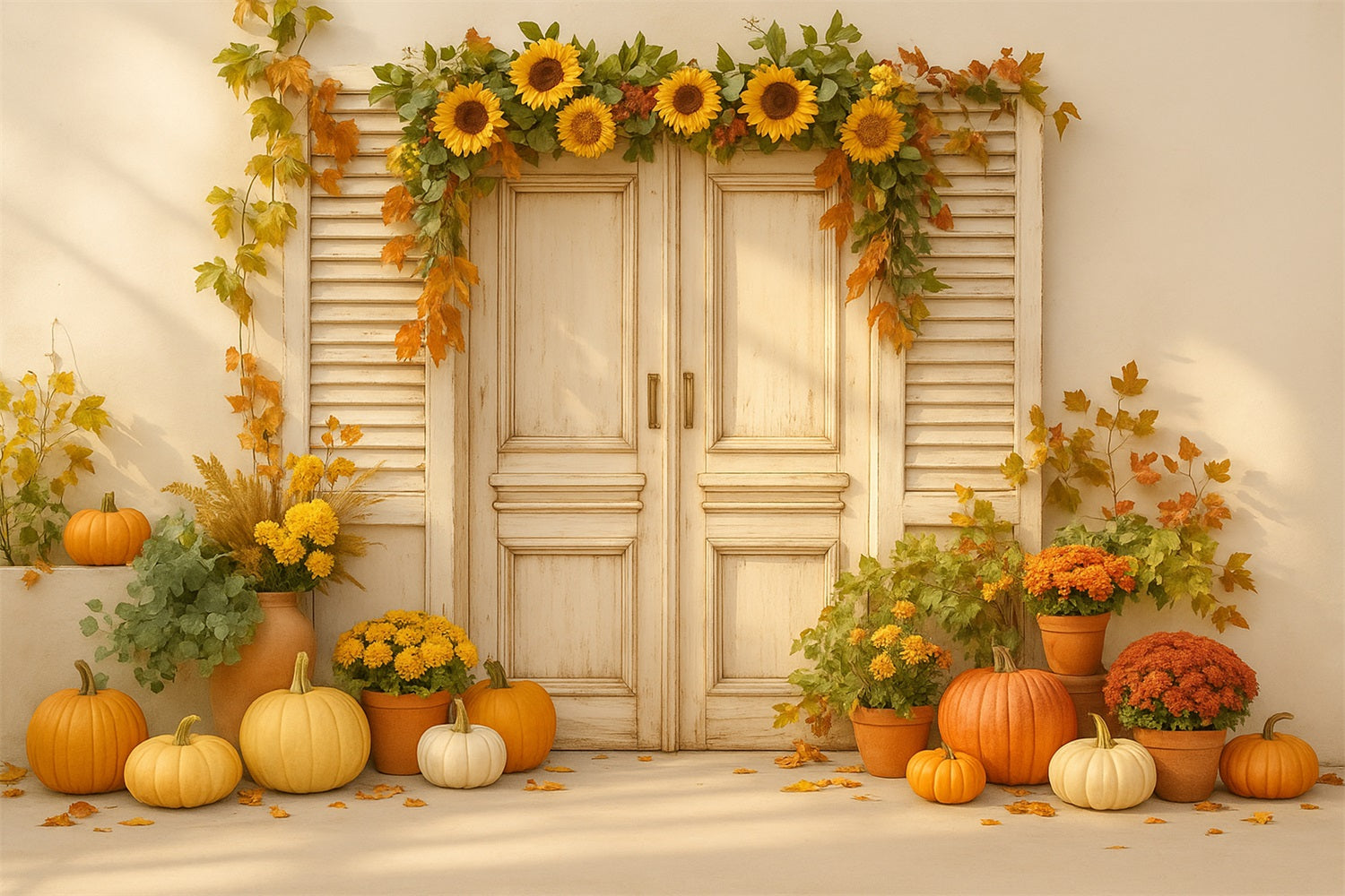 Kürbis-Fotohintergrund Sonnenblumentür Herbstfreude Thanksgiving-Hintergründe LXX510-26