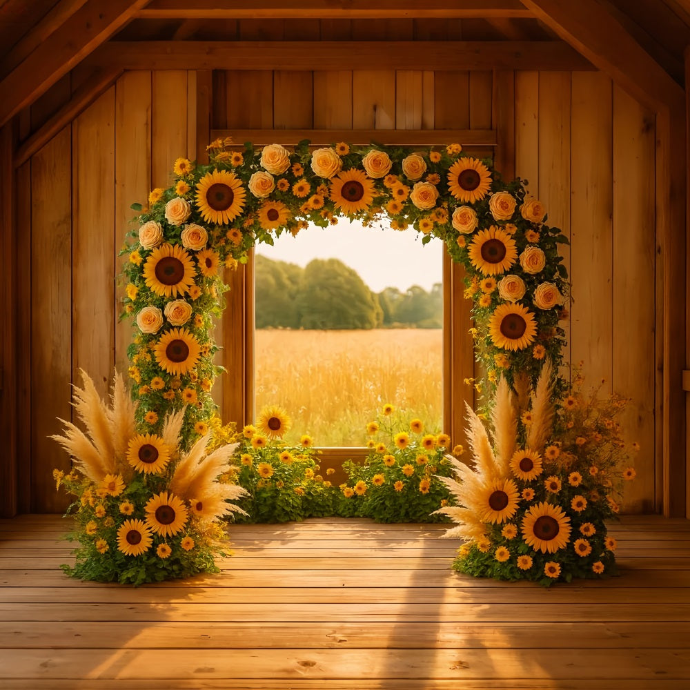 Herbst-Hintergrund Sonnenblumenbogen Rustikale Scheune Ideen für Thanksgiving-Hintergründe LXX510-33