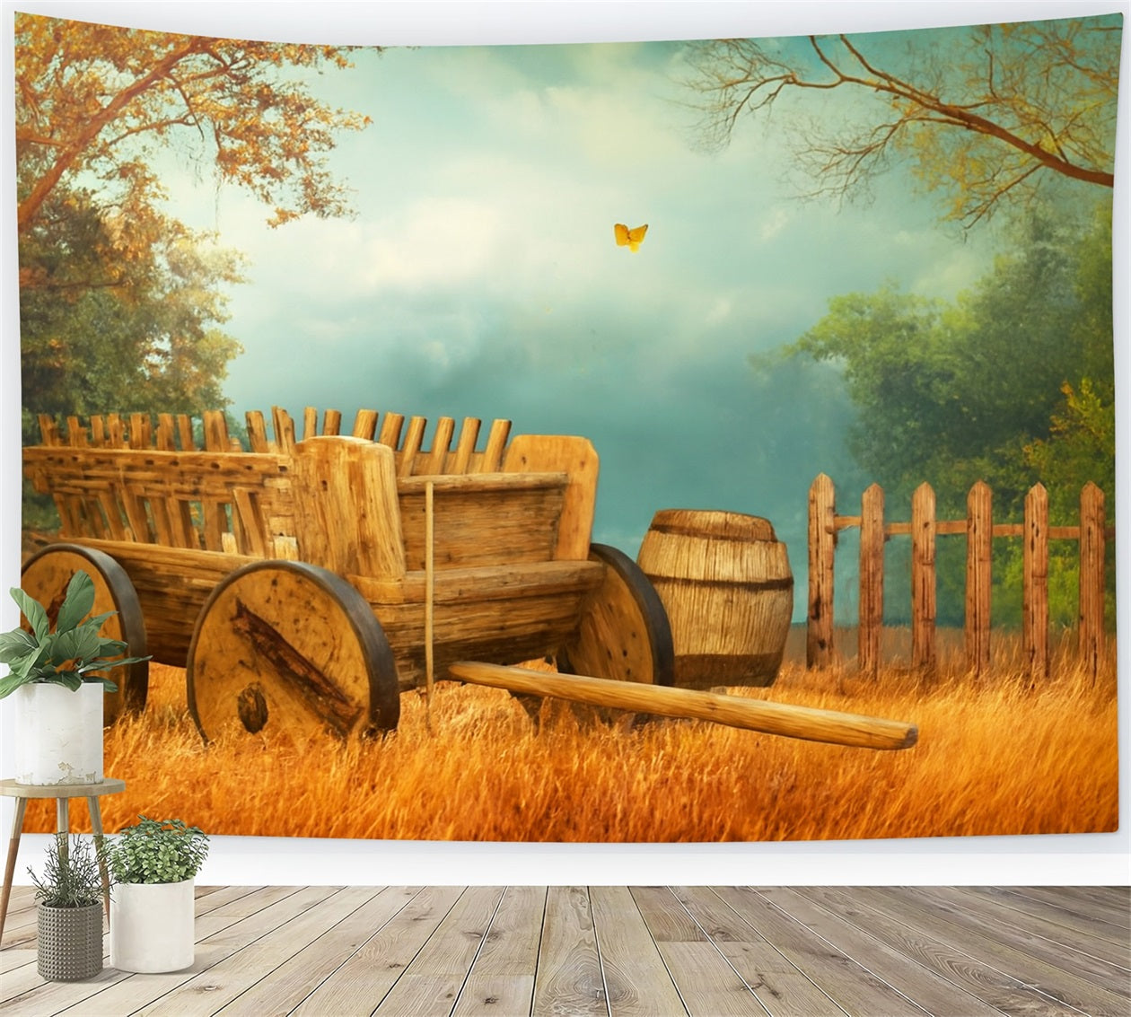Bauernhof-Hintergrund Holzkarren Herbstwiese Thanksgiving-Fotohintergründe LXX510-34