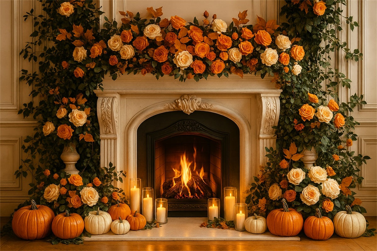 Herbst-Hintergrund Kamin Rosen Kerzenschein Thanksgiving-Hintergrundbild LXX510-36