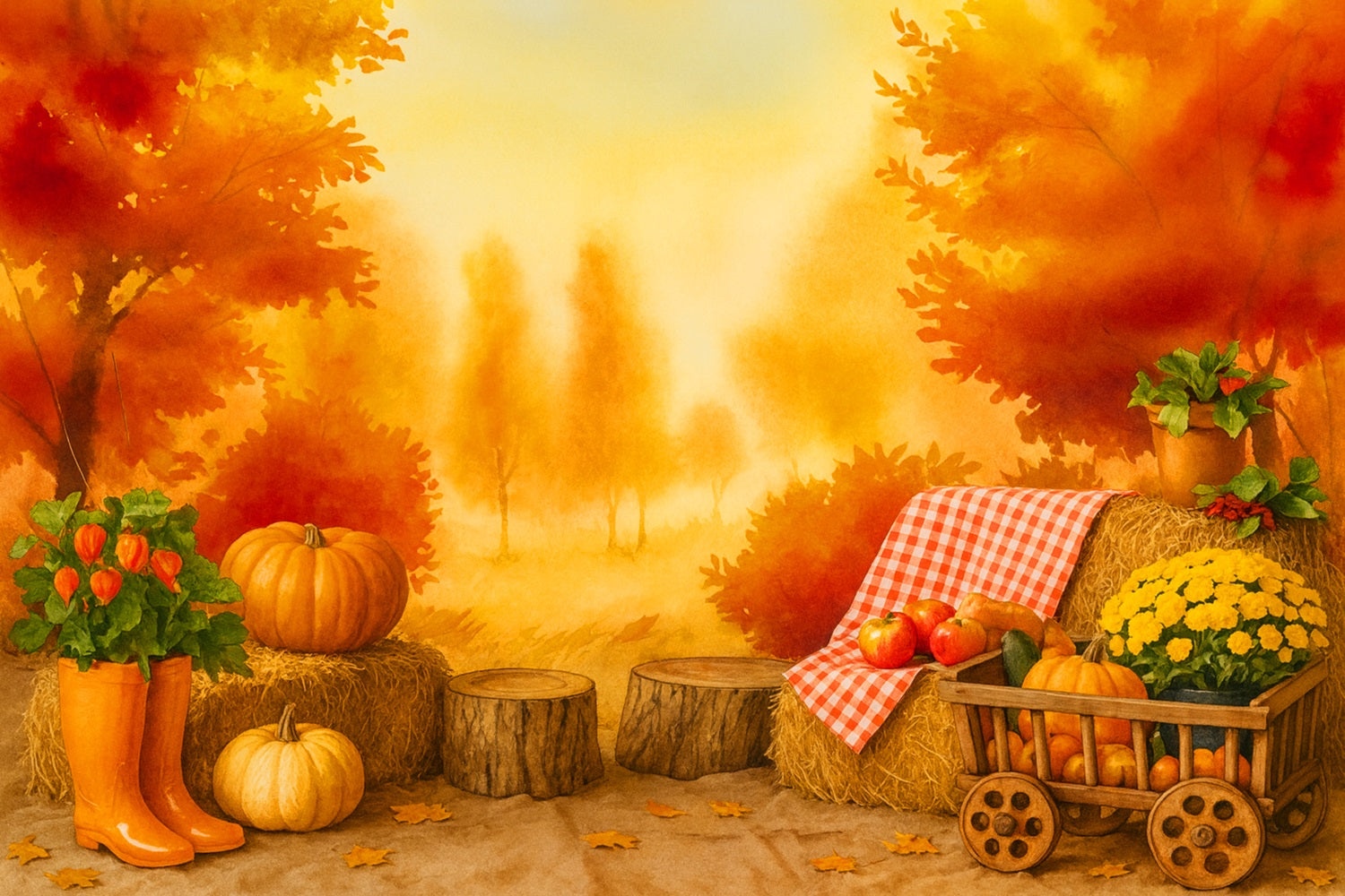 Kürbis-Fotohintergrund Goldener Obstgarten Herbstpicknick Thanksgiving-Hintergrundideen LXX510-39