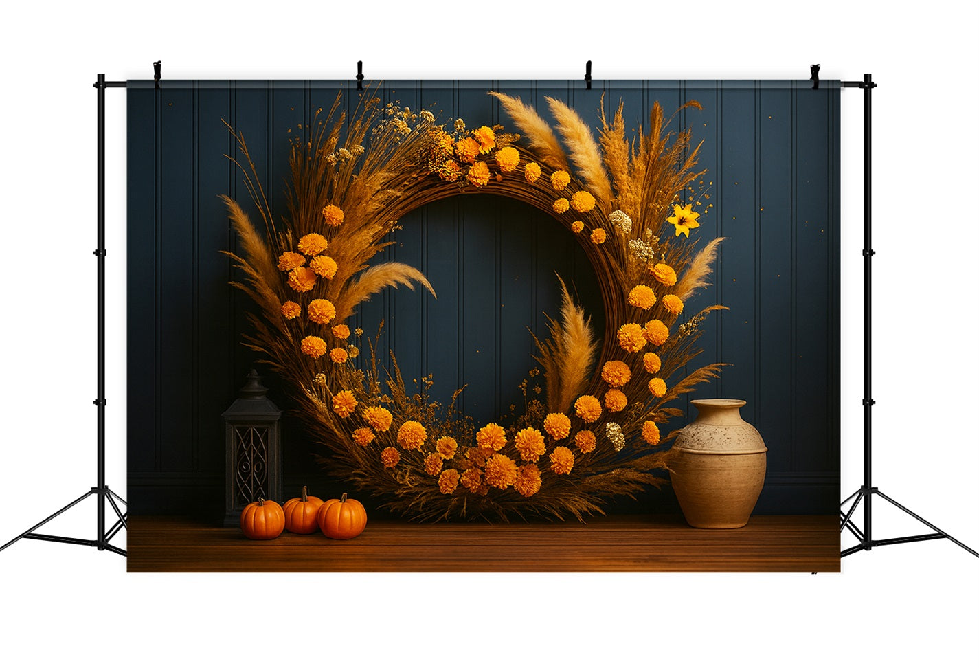 Kürbis-Hintergrund Goldener Kranz Rustikaler Charme Thanksgiving-Hintergrund LXX510-42