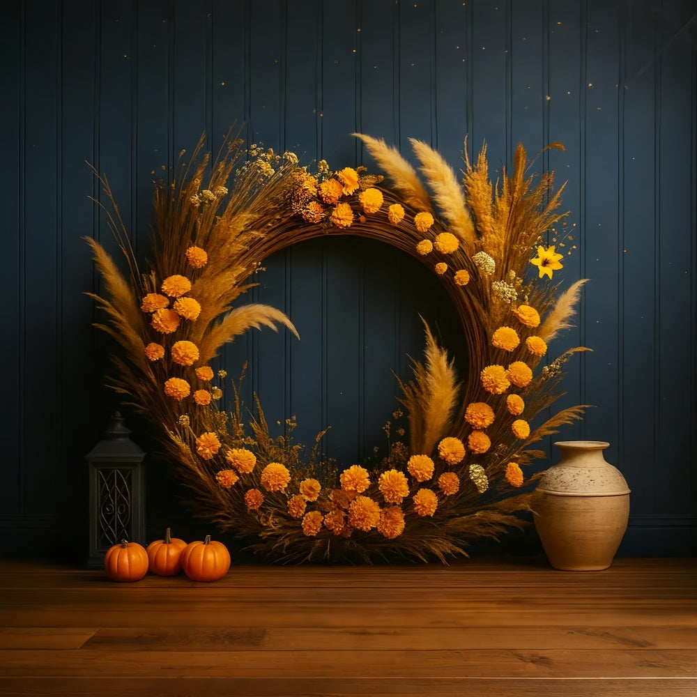 Kürbis-Hintergrund Goldener Kranz Rustikaler Charme Thanksgiving-Hintergrund LXX510-42