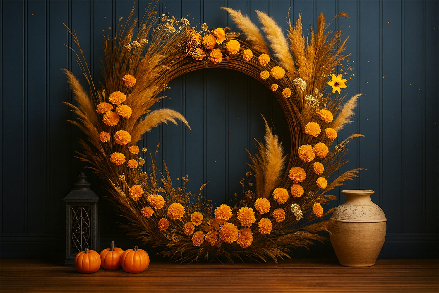 Kürbis-Hintergrund Goldener Kranz Rustikaler Charme Thanksgiving-Hintergrund LXX510-42