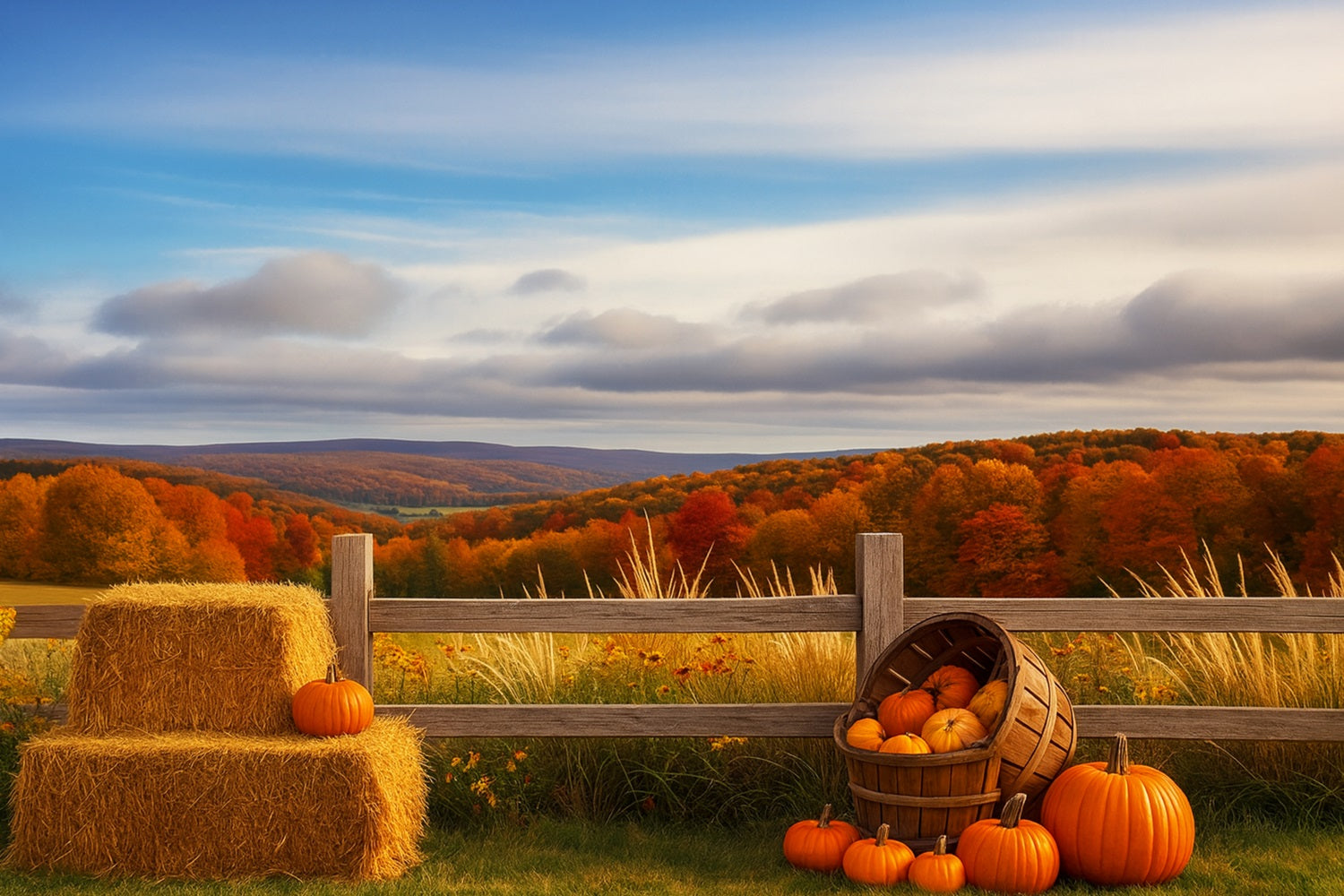 Bauernhof-Hintergrund Herbstliche Hügel Kürbisernte Fröhlicher Thanksgiving-Hintergrund LXX510-47
