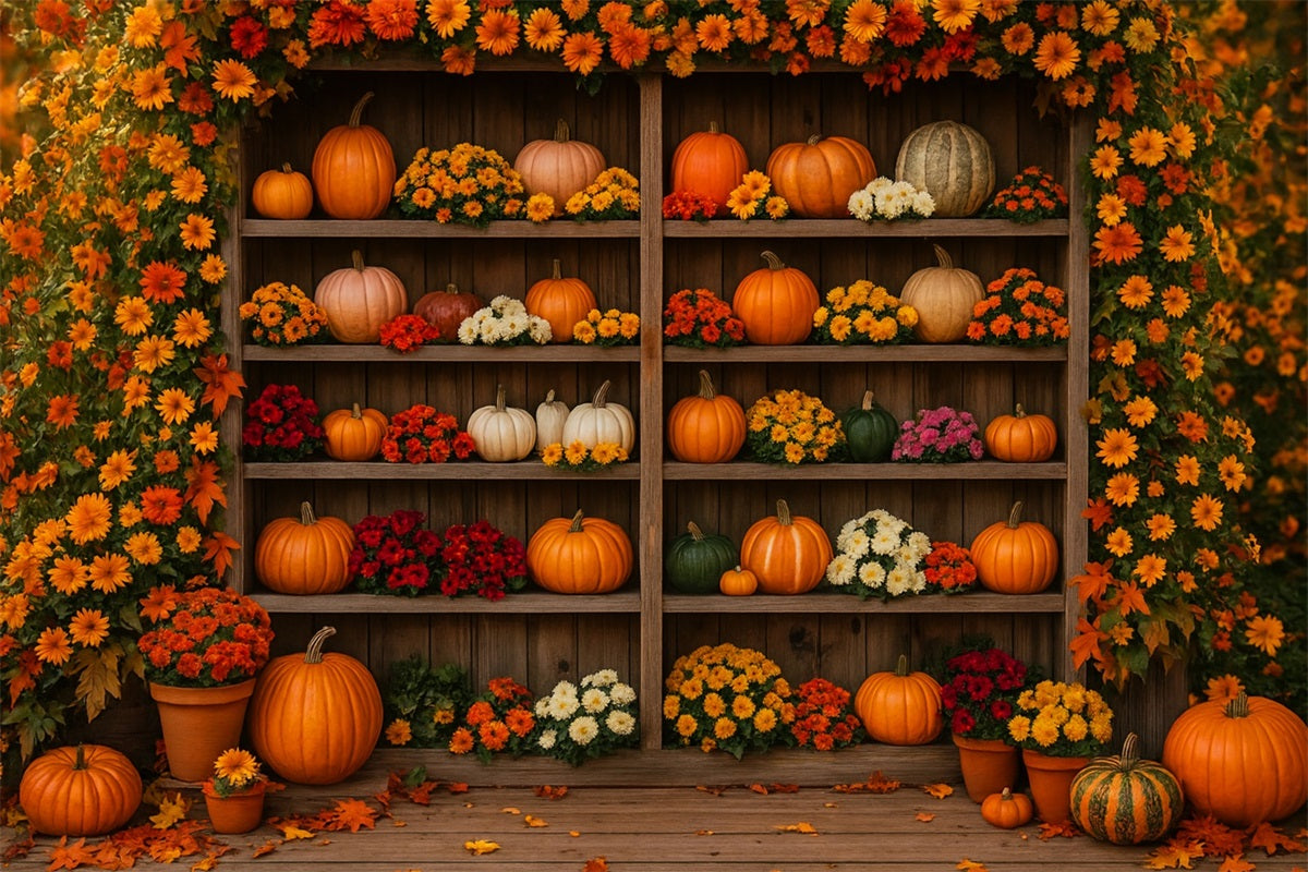 Bauernhof-Hintergrund Blühender Kürbis Blumenregal Thanksgiving-Fotohintergrund LXX510-49