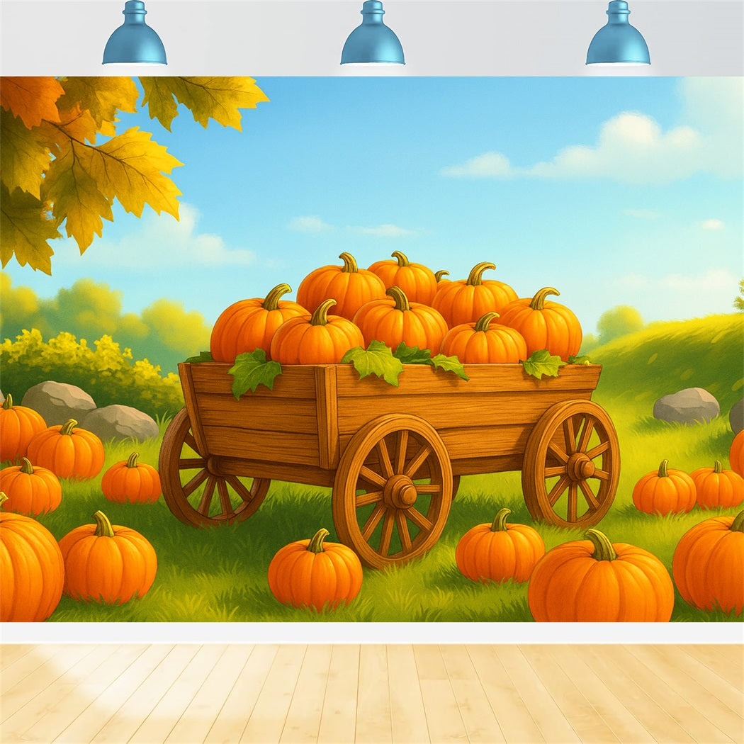 Bauernhof-Hintergrund Kürbiswagen Sonniges Feld Thanksgiving-Hintergrundideen LXX510-51