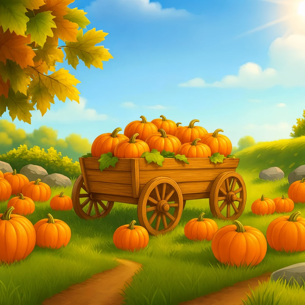 Bauernhof-Hintergrund Kürbiswagen Sonniges Feld Thanksgiving-Hintergrundideen LXX510-51