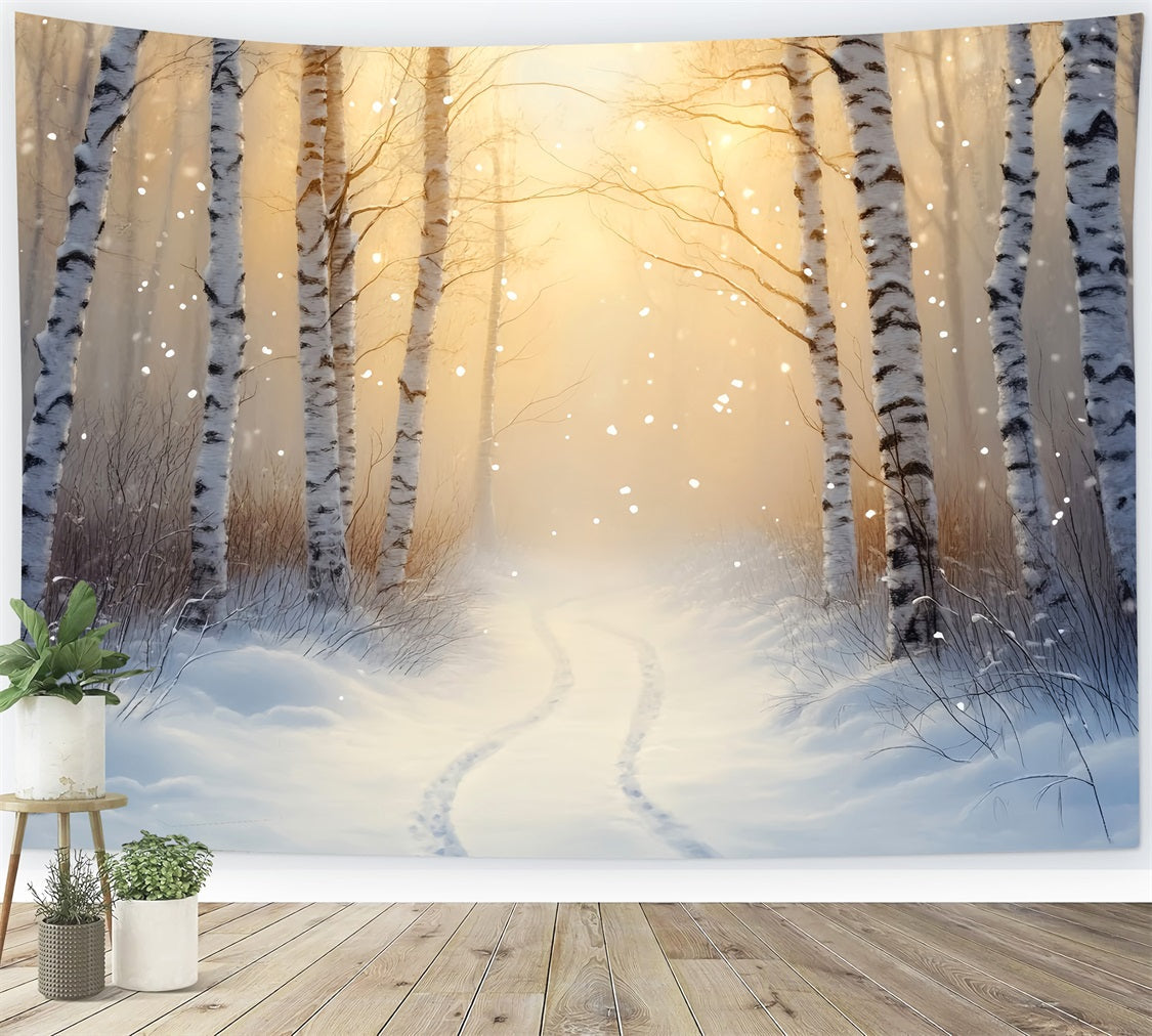 Winterwunderland-Hintergrund Goldene Birke Winterpfad Winterhintergrund LXX510-77