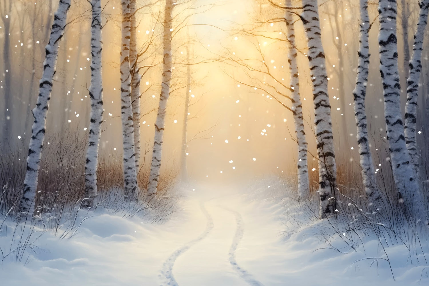 Winterwunderland-Hintergrund Goldene Birke Winterpfad Winterhintergrund LXX510-77