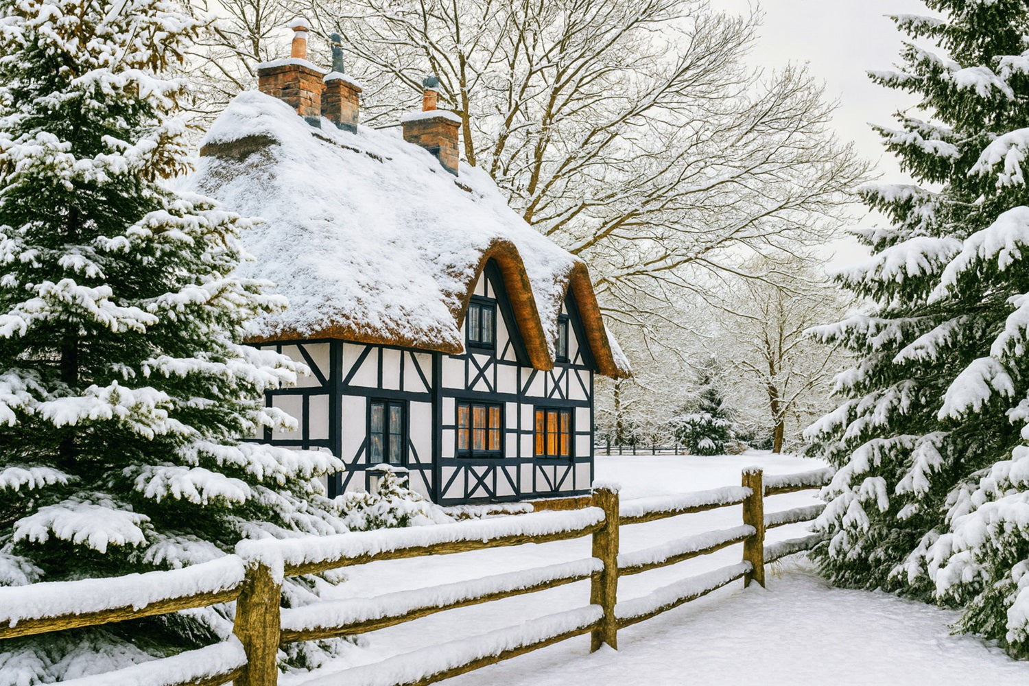 Winterwunderland-Hintergrund Schneehütte Kiefernwald Winterhintergrund LXX510-82