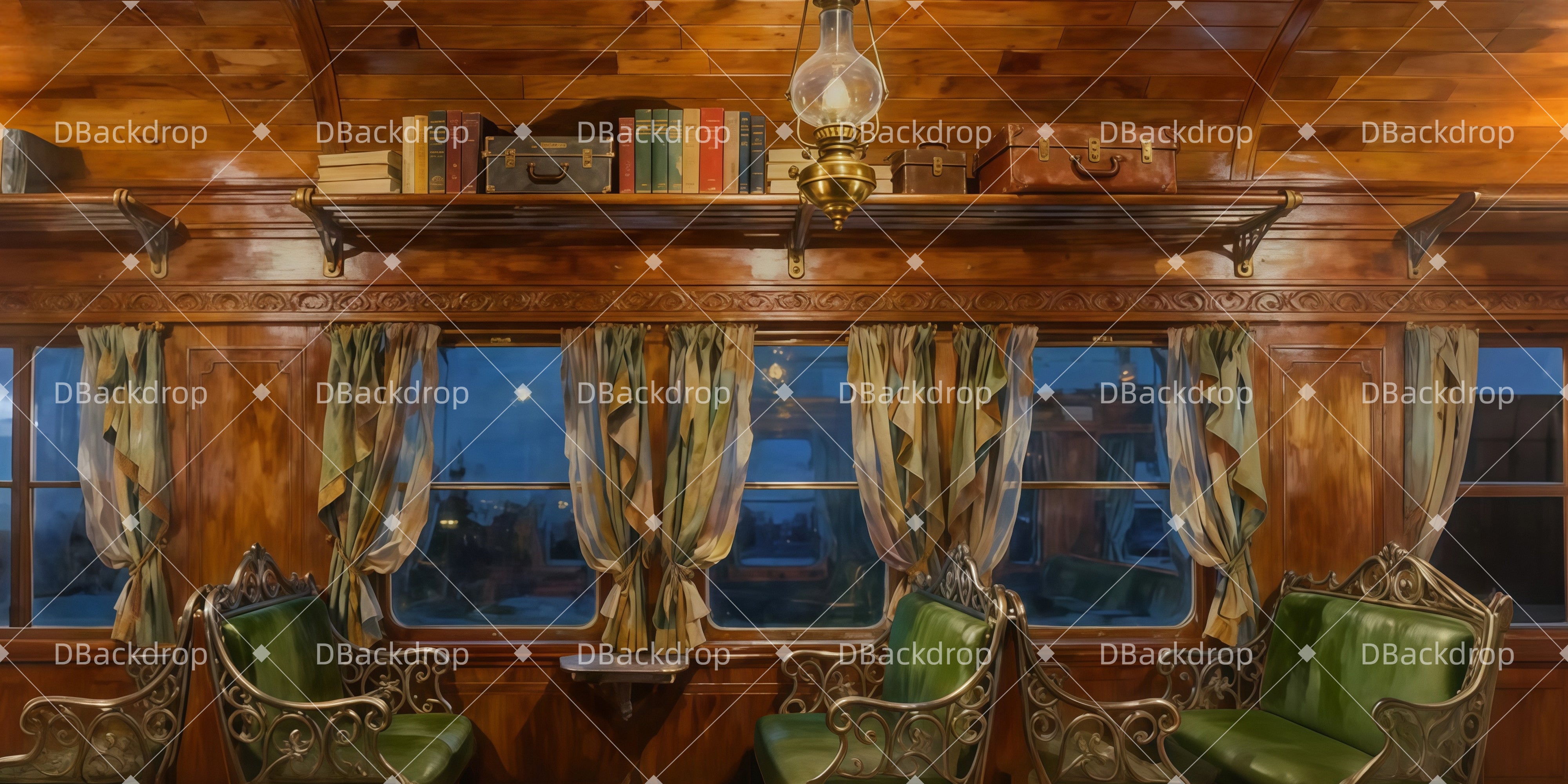 Theatervorhang offen Holzkutsche-Innenraum Bühnenhintergrund beim Theater LXX511-T67