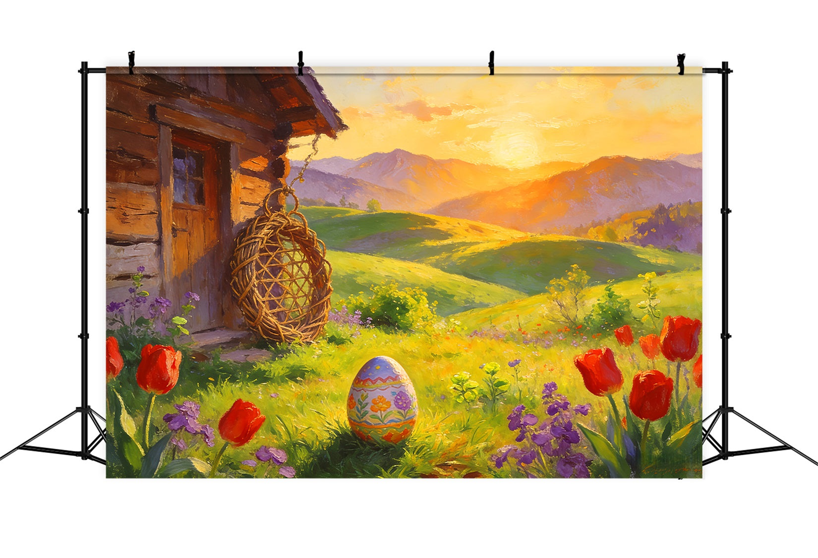 Ostereiersuche Hintergrund Bemalte Hütte Sonnenaufgang Wiese Tulpen Hintergrund LXX512-106