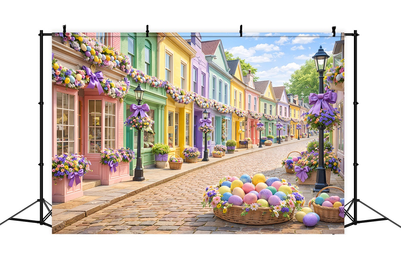 Osterkorb Hintergrund Pastell Eier Dorfstraße Ostern Fotohintergrund LXX512-107