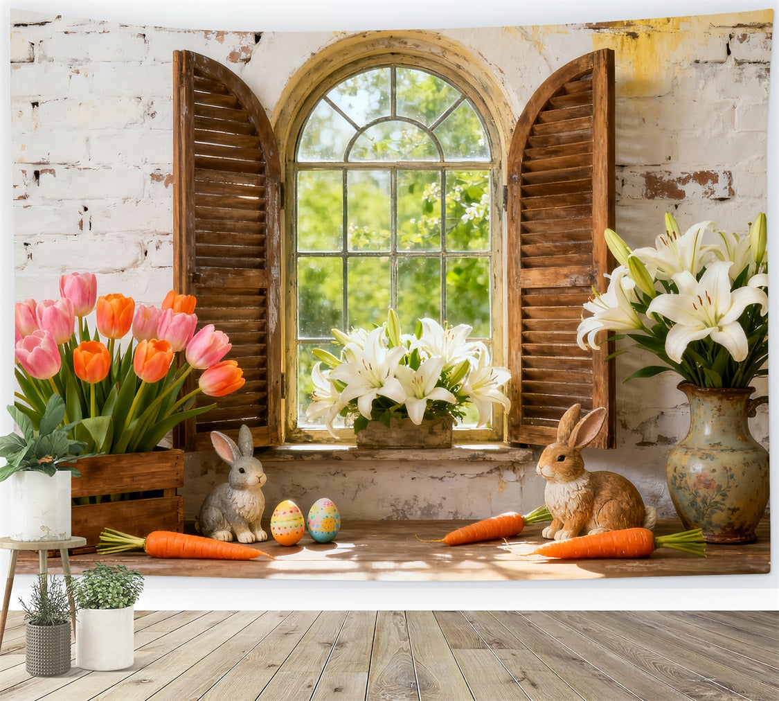 Osterlilie Hintergrund Hase Blumen Fensterläden Rustikaler Osterhintergrund LXX512-112