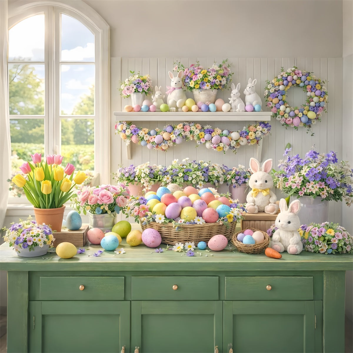 Osterblumen-Hintergrund Pastellfarbene Eier Tulpenfenster Hasen-Hintergrund LXX512-114