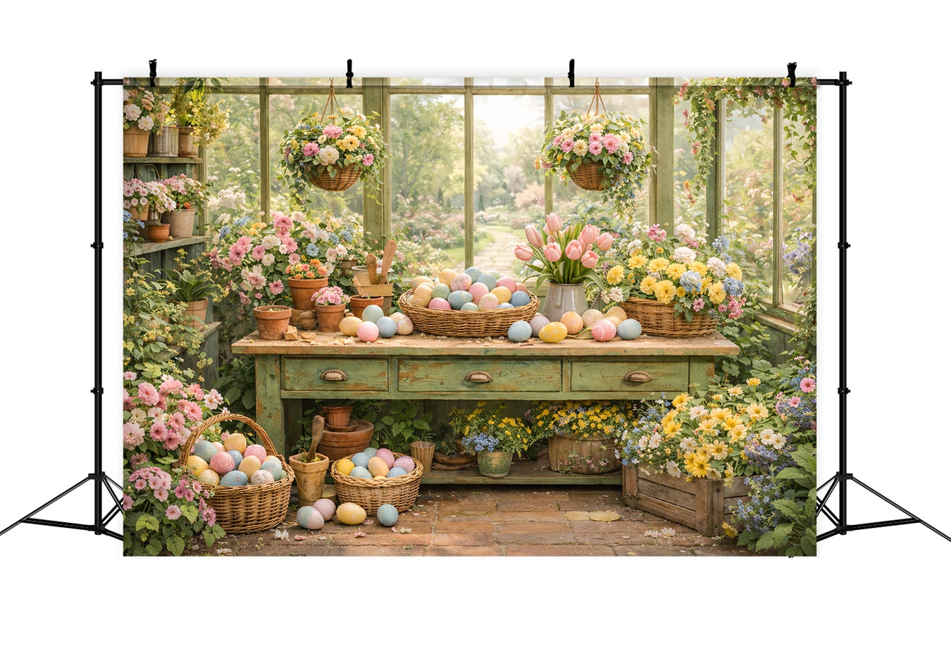Osterkorb-Hintergrund Gewächshaus Gartentisch Oster-Ei-Hintergrund LXX512-115