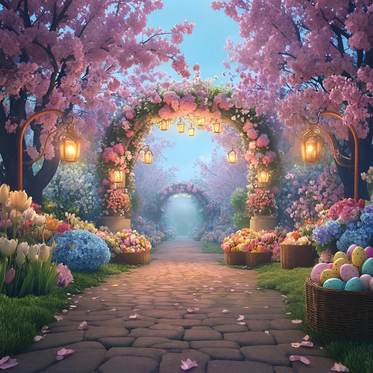 Oster-Eier-Hintergrund Verzauberter Blütenlaternenweg Tulpen-Hintergrund LXX512-120