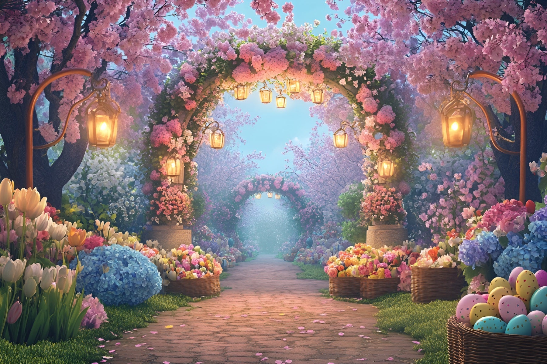 Oster-Eier-Hintergrund Verzauberter Blütenlaternenweg Tulpen-Hintergrund LXX512-120