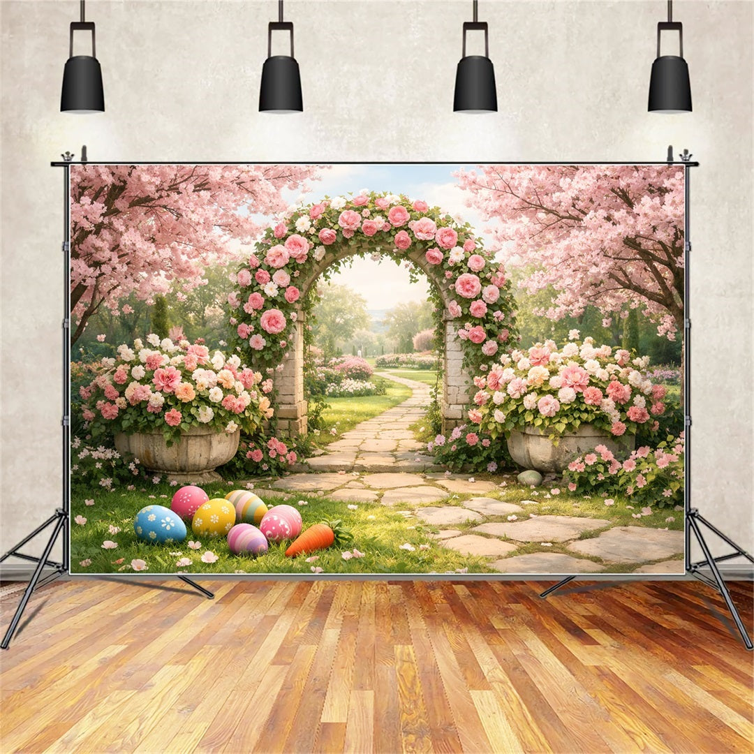 Hintergrund für Ostereiersuche Blütenrosengarten-Bogen Osterhintergrund LXX512-122