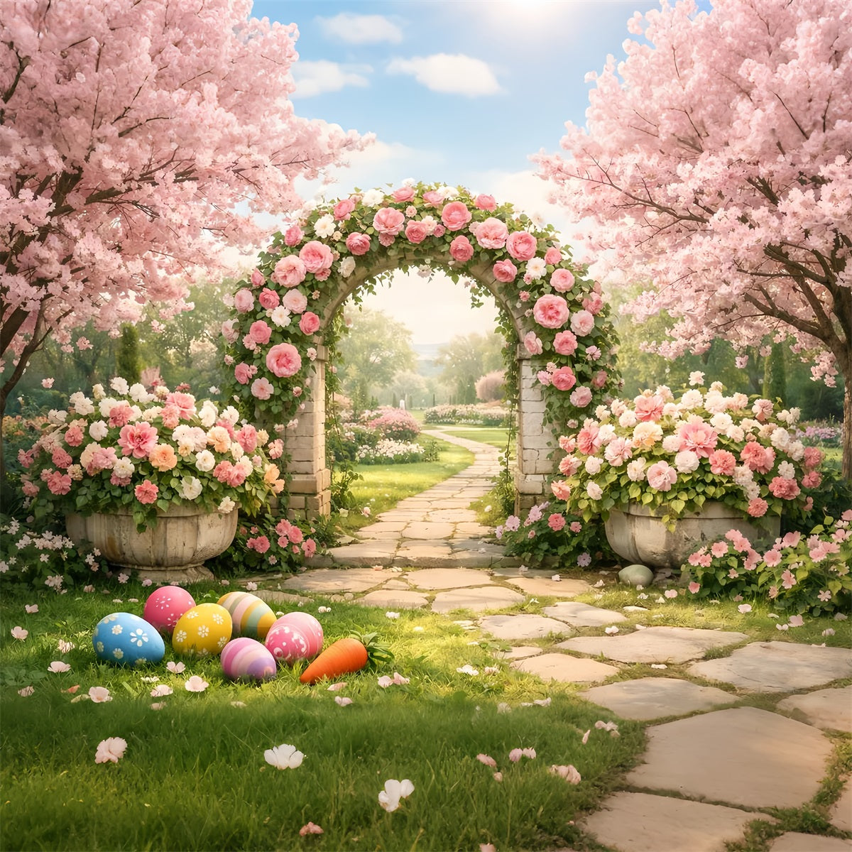 Hintergrund für Ostereiersuche Blütenrosengarten-Bogen Osterhintergrund LXX512-122