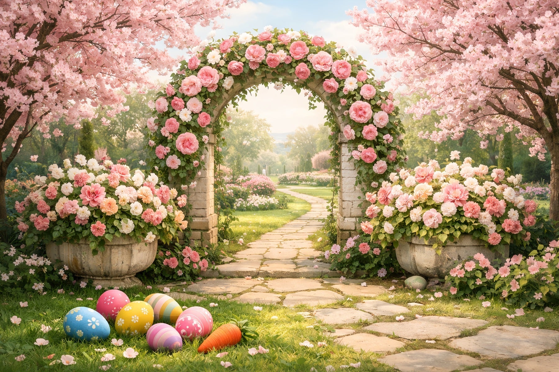 Hintergrund für Ostereiersuche Blütenrosengarten-Bogen Osterhintergrund LXX512-122