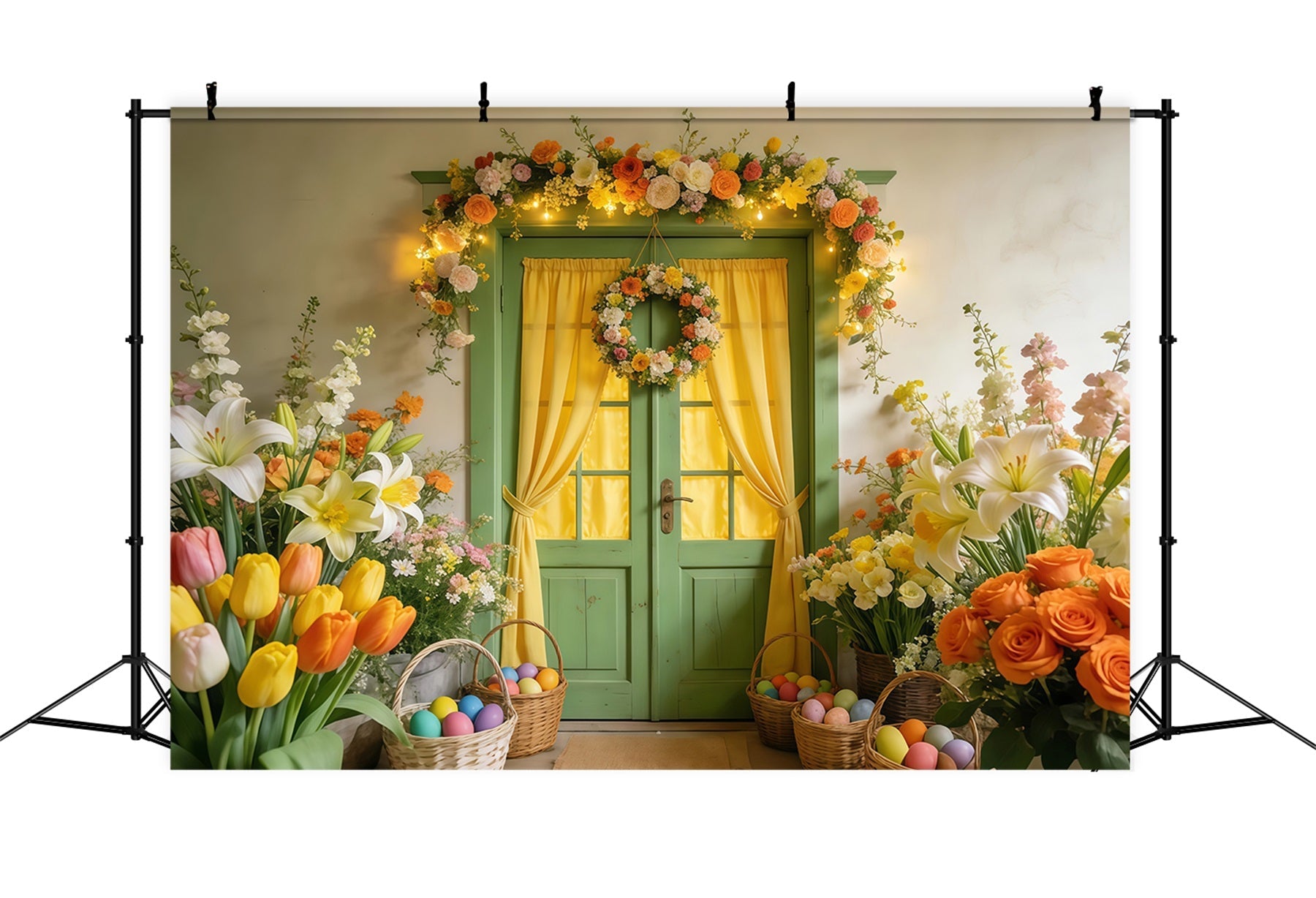 Tulpenhintergrund Grüne Tür Blumenkranz Leuchtender Ostereierhintergrund LXX512-124