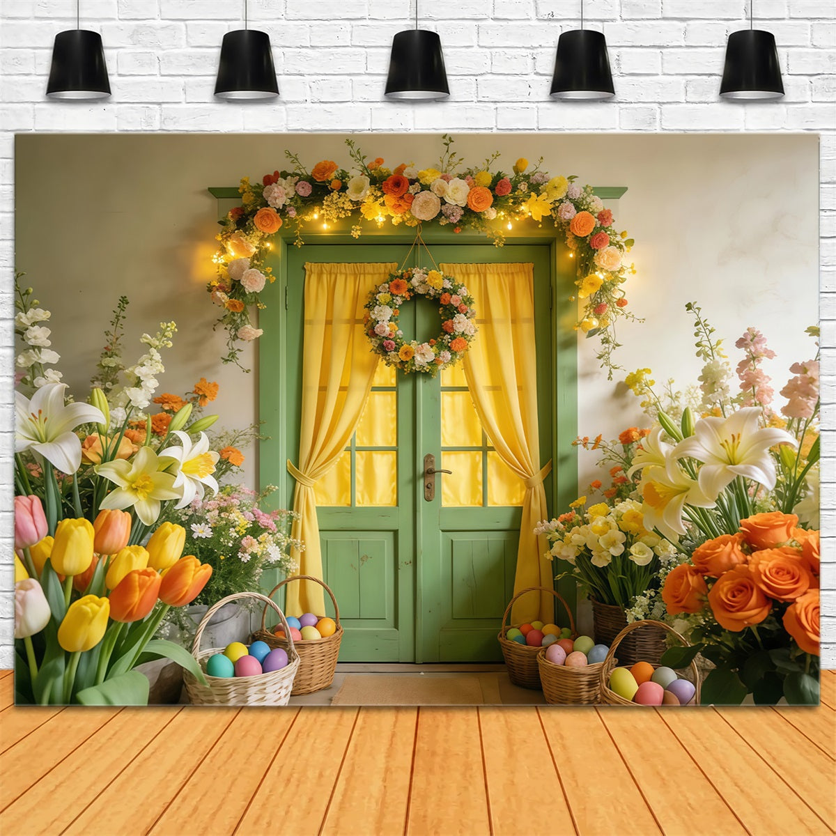Tulpenhintergrund Grüne Tür Blumenkranz Leuchtender Ostereierhintergrund LXX512-124
