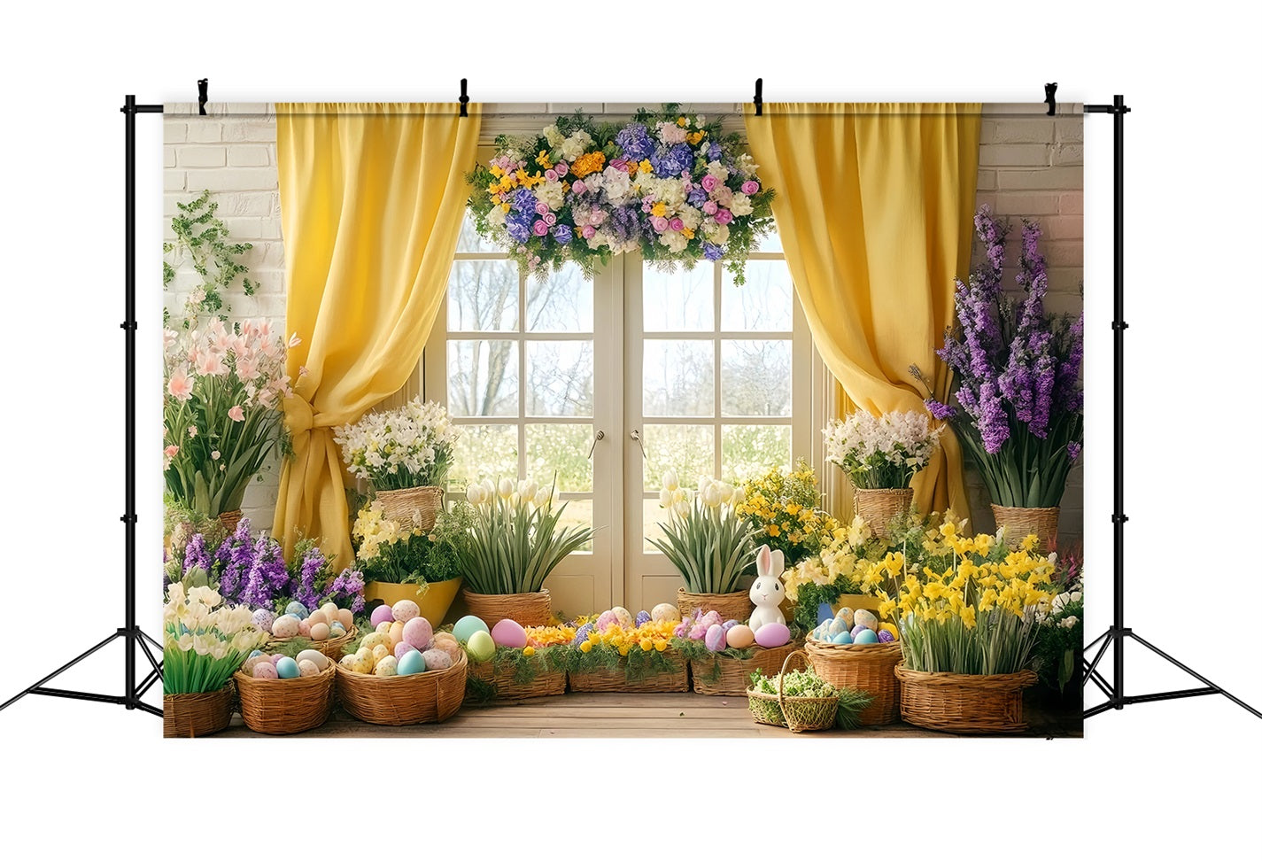 Osterlilien-Hintergrund Sonniger gelber Vorhang Blumen-Ostereier-Hintergrund LXX512-125