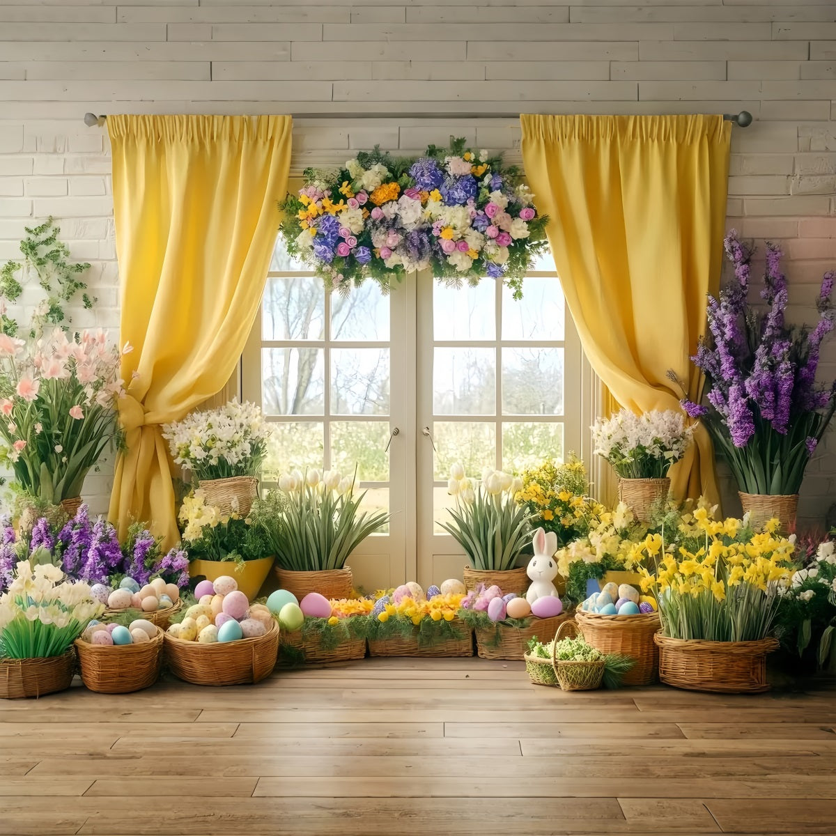 Osterlilien-Hintergrund Sonniger gelber Vorhang Blumen-Ostereier-Hintergrund LXX512-125