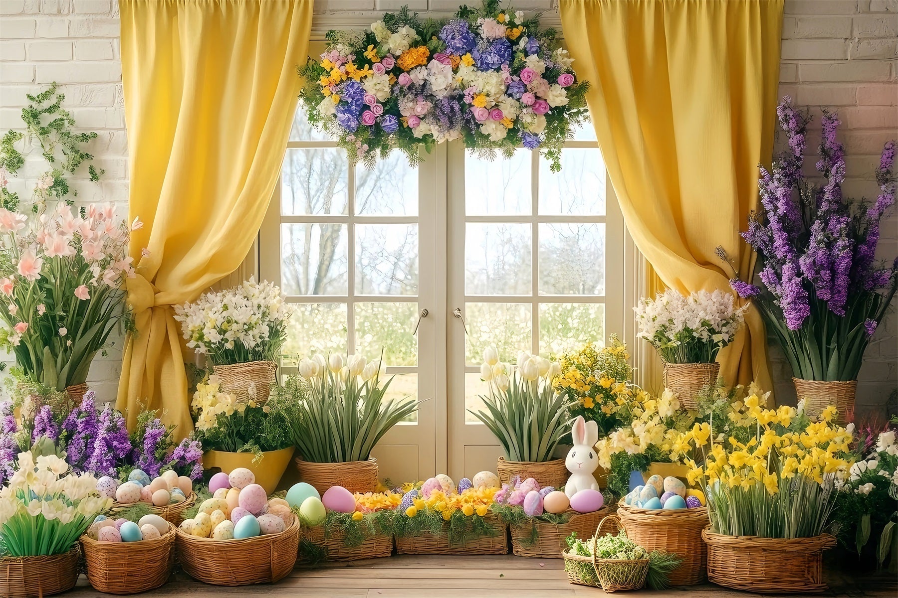 Osterlilien-Hintergrund Sonniger gelber Vorhang Blumen-Ostereier-Hintergrund LXX512-125